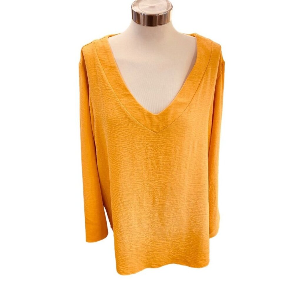 18/20 Asley Stewart Womens‎ New Yellow Gold Crinkle V-Neck Pull Over Blouse Top
